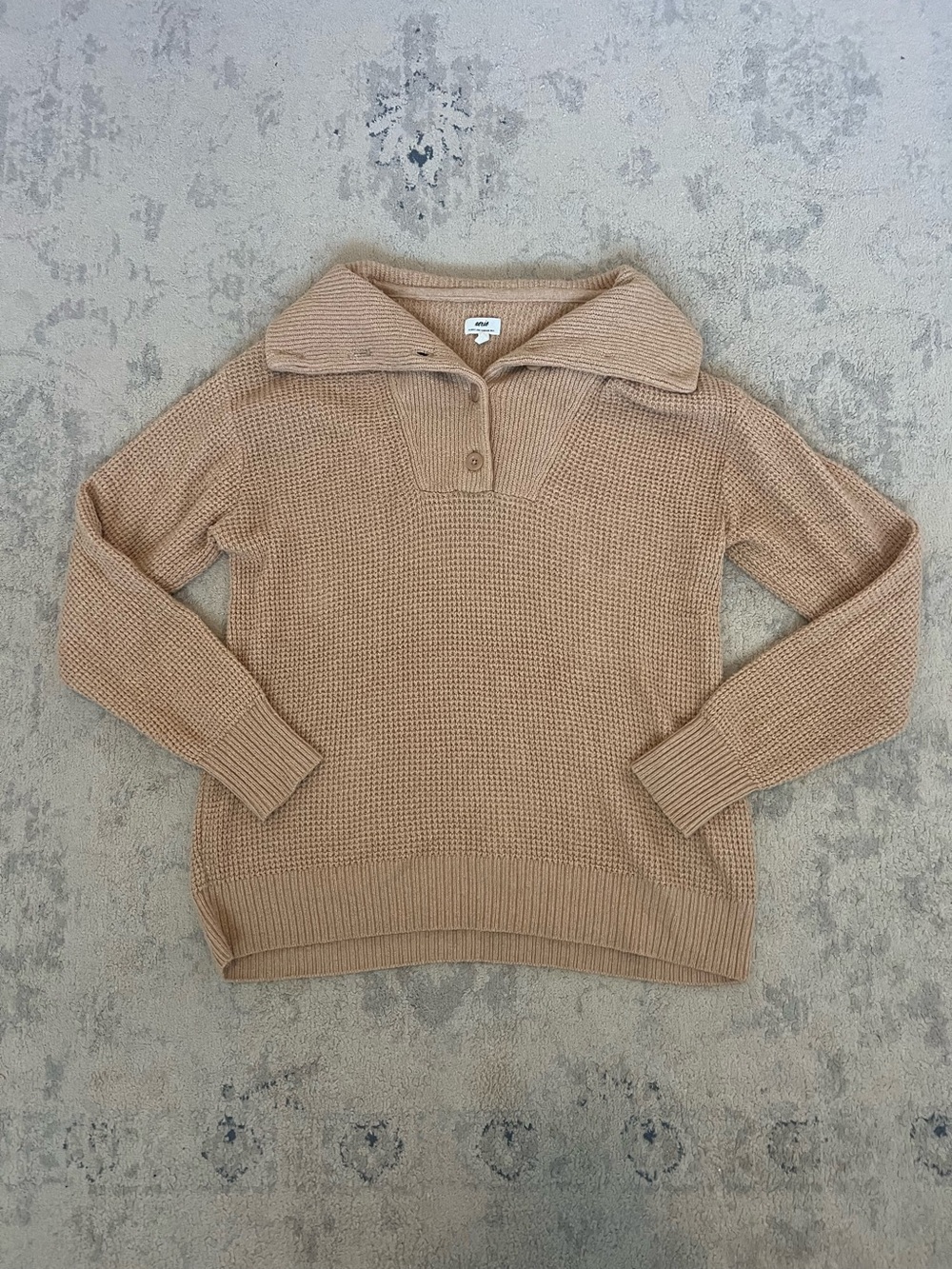 aerie Tan Knit Popover Sweater with Fold-Over Collar